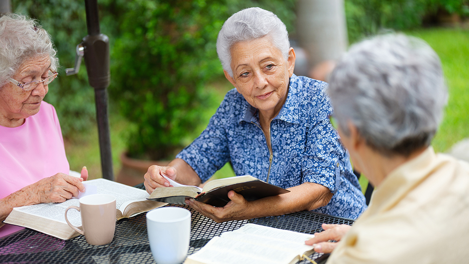 Three women outside reading books